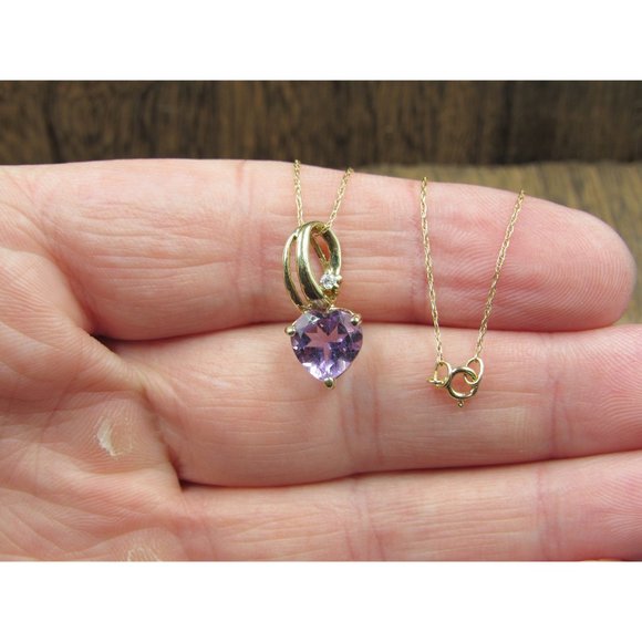 18" 10K Gold CZ Accent Purple Amethyst Heart Necklace Vintage Estate Wedding - Picture 3 of 8